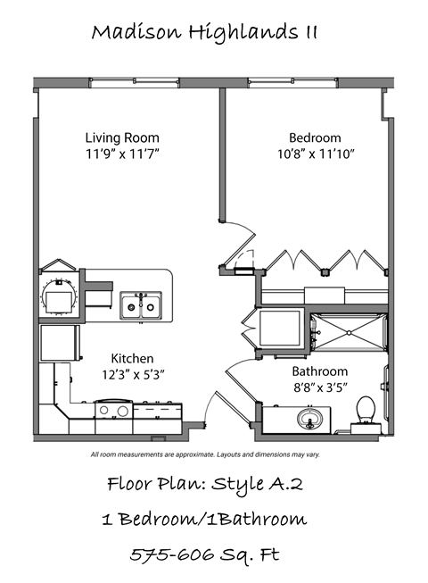 A floor plan for a one bedroom/one bathroom apartment at Madison Highlands Senior Living.
